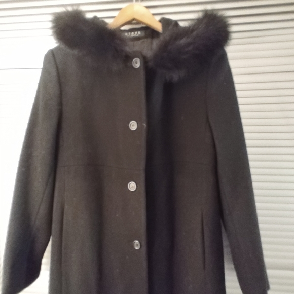 Steve by Searle Fur Trim Hood Long Coat Cashmere Blend Coat Size 10 Black - Picture 3 of 14